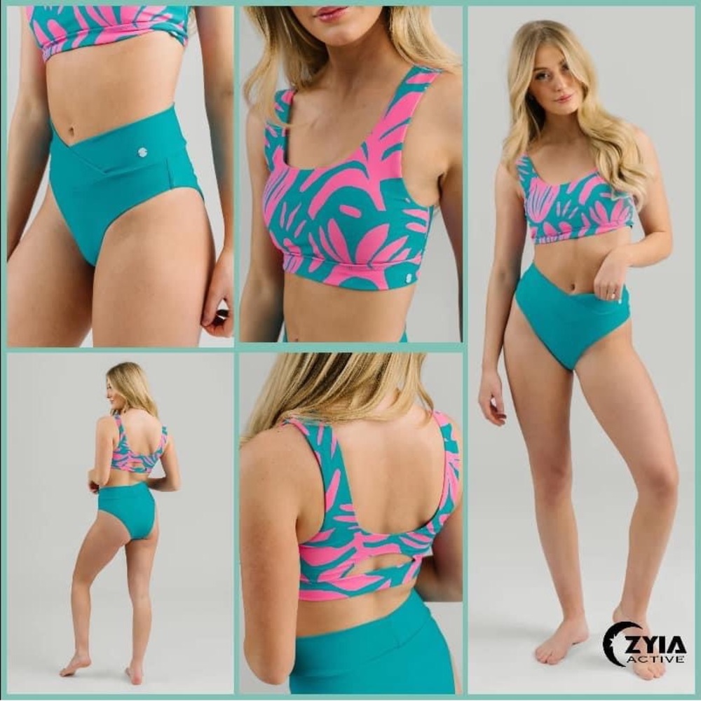 NWT Zyia Turquoise & Pink High-Waist Bikini Set Sz M